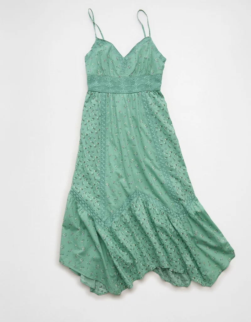 AE V-Neck Lace Inset Hanky Hem Midi Dress